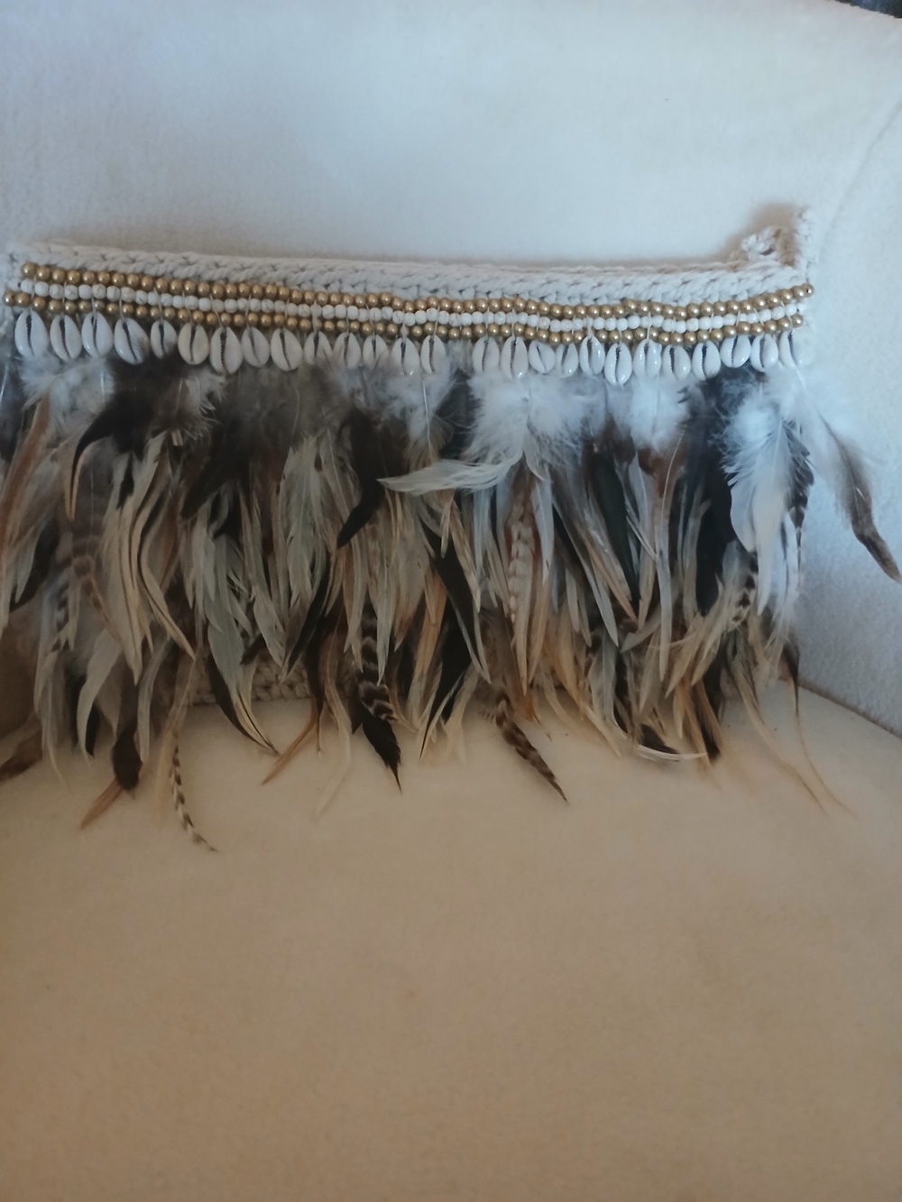 Boho Feather Fringe Clutch - White, Brown & Black